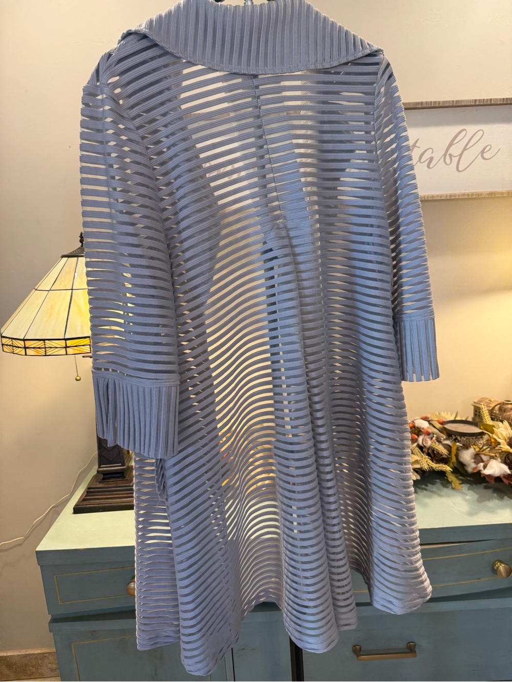 IC by Connie K Gray Sheer Striped Long Duster Jacket Cardigan L Made USA
